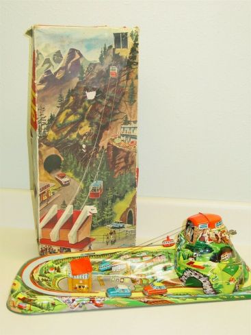 1960s Technofix Cable Car Wind Up Tin Toy w/Orig Box & Cars Western Germany #303 Main Image 1960s Technofix Cable Car Wind Up Tin Toy w/Orig Box & Cars Western Germany #303 Main Image