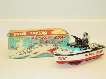 Vintage Tin Litho KO Japan Harbour Patrol Boat, Friction Toy Original Box, Works Main Image Vintage Tin Litho KO Japan Harbour Patrol Boat, Friction Toy Original Box, Works Main Image