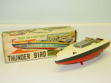 Vintage Marusan Japan Tin Thunder Bird Speedboat + Box, Battery Op Toy Vehicle Main Image Vintage Marusan Japan Tin Thunder Bird Speedboat + Box, Battery Op Toy Vehicle Main Image