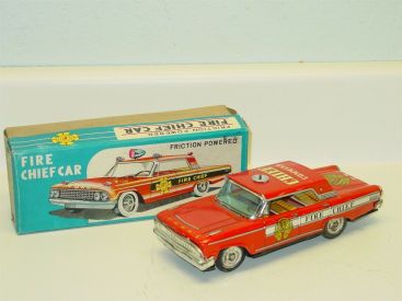 Vintage Tin Litho Taiyo Fire Chief Car w/Box, Friction Toy Vehicle, Works Main Image Vintage Tin Litho Taiyo Fire Chief Car w/Box, Friction Toy Vehicle, Works Main Image