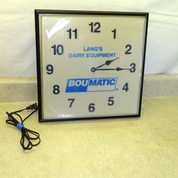Vintage Lang's Dairy Equipment Boumatic, Lighted Wall Clock, Working Main Image Vintage Lang's Dairy Equipment Boumatic, Lighted Wall Clock, Working Main Image