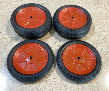 Lot 6 Large Reproduction Buddy L Wheels/Tires 5" Diameter Steel/Rubber Main Image Lot 6 Large Reproduction Buddy L Wheels/Tires 5" Diameter Steel/Rubber Main Image