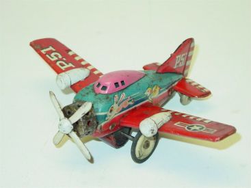Vintage Japan Tin Litho P.51 Airplane, Friction Toy Plane, Dog Chasing Rabbit Main Image Vintage Japan Tin Litho P.51 Airplane, Friction Toy Plane, Dog Chasing Rabbit Main Image