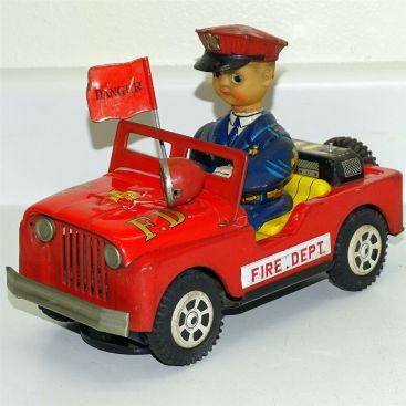 Vintage Daiya Japan Tin Litho Fire Dept Jeep, Battery Operated Toy, Works Main Image Vintage Daiya Japan Tin Litho Fire Dept Jeep, Battery Operated Toy, Works Main Image