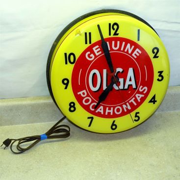 Vintage Olga "Genuine Pocahontas" Wall Clock, Lighted, Advertising, Works Main Image Vintage Olga "Genuine Pocahontas" Wall Clock, Lighted, Advertising, Works Main Image