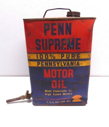 Vintage Penn Supreme Motor Oil 100% Pure Pennsylvania 2 Gallon Metal Can Main Image Vintage Penn Supreme Motor Oil 100% Pure Pennsylvania 2 Gallon Metal Can Main Image
