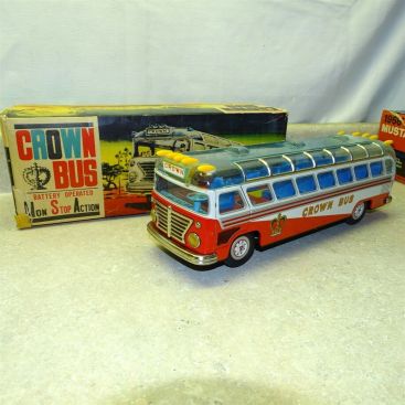 Vintage Alps Japan Tin Crown Bus In Box, Battery Operated, Works! Main Image Vintage Alps Japan Tin Crown Bus In Box, Battery Operated, Works! Main Image