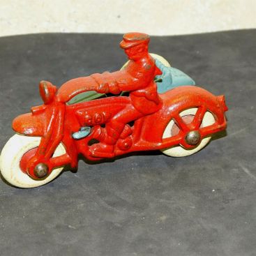 Vintage Cast Hubley U.S.A. Cop Motorcycle, Side Car, Toy, Early, 1724B Main Image Vintage Cast Hubley U.S.A. Cop Motorcycle, Side Car, Toy, Early, 1724B Main Image