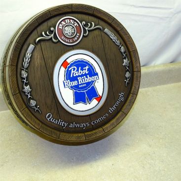 Vintage Pabst Blue Ribbon Beer Barrel Hanging Sign, Pabst Brewing Main Image Vintage Pabst Blue Ribbon Beer Barrel Hanging Sign, Pabst Brewing Main Image