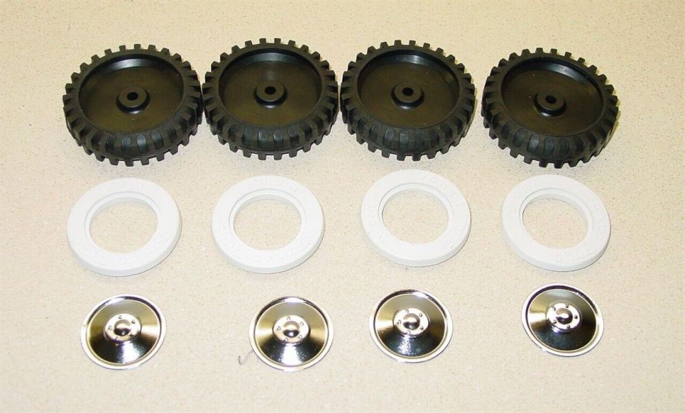 press steel toys,  4 PLASTIC TONKA TOY WHITE-WALL TIRES & 4 LATE MODEL HUBCAPS 