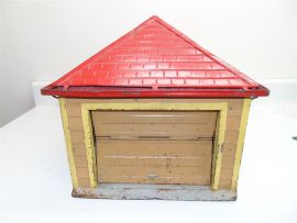 Vintage Metal Garage with Working Fold Up Door-Tan w/ yellow trim and red roof.