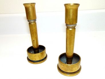 Vintage 1943 WW II Trench Art Brass Candlestick Holders-Marked-some tarnish-good Main Image Vintage 1943 WW II Trench Art Brass Candlestick Holders-Marked-some tarnish-good Main Image
