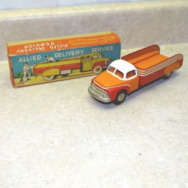 Vintage Japan Tin Friction Allied Delivery Service Truck in Box, Yonezawa Main Image Vintage Japan Tin Friction Allied Delivery Service Truck in Box, Yonezawa Main Image