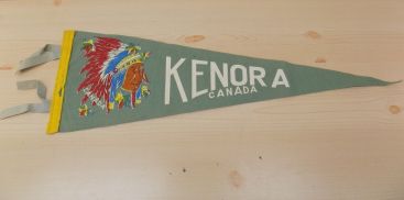 Vintage Kenora, Canada Felt Pennant Flag w/Indian in Headdress Graphic Main Image Vintage Kenora, Canada Felt Pennant Flag w/Indian in Headdress Graphic Main Image