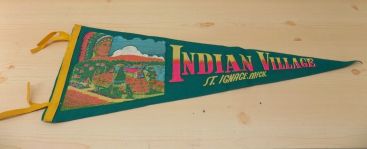 Vintage Indian Village St. Ignace, MI Felt Pennant w/Indian in Headdress Graphic Main Image Vintage Indian Village St. Ignace, MI Felt Pennant w/Indian in Headdress Graphic Main Image