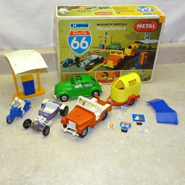 Vintage Hubley Route 66 Roadsters Set, Original Box, No. 23116 Main Image Vintage Hubley Route 66 Roadsters Set, Original Box, No. 23116 Main Image
