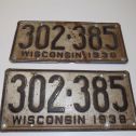 Vintage 1938 Wisconsin License Plate Pair #302-385 Main Image