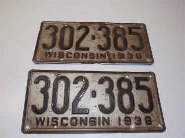 Vintage 1938 Wisconsin License Plate Pair #302-385 Main Image Vintage 1938 Wisconsin License Plate Pair #302-385 Main Image