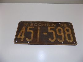 Vintage 1935 Wisconsin License Plate #451-598
