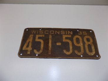 Vintage 1935 Wisconsin License Plate #451-598 Main Image Vintage 1935 Wisconsin License Plate #451-598 Main Image